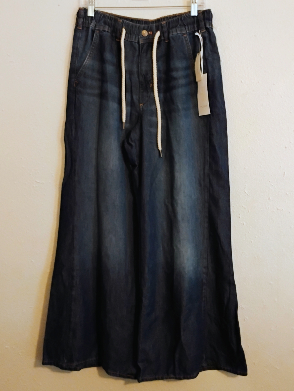 Anthropologie Women's Dark Blue Drawstring Denim Jeans NWT Size M Wide Leg